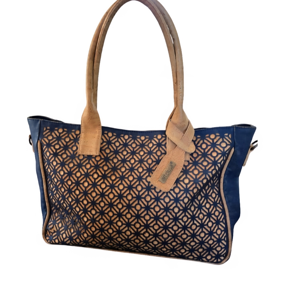 ARTEL USA Bag  Natural Cork Satchel Shoulder Purse Portugal Navy & Camel Vegan